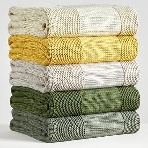 Chessboard grid Chunky Cable Knit Throw Blanket Lightweight Rust 100% Organic Cotton Blanket for Sofa Couch Bed Baby Nursery, Rustic Shabby Chic Modern Farmhouse, 51” x 63”,Olive green Cover