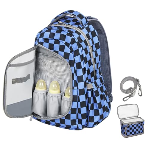 Image of SECLATO Grid Diaper Backpack Maternity Bags With Travel Insulated Bag Travel Back Pack Diaper Changing Bags Diaper Backpack For Mom Dad Waterproof Baby Bag Backpack Set of 2, Grid