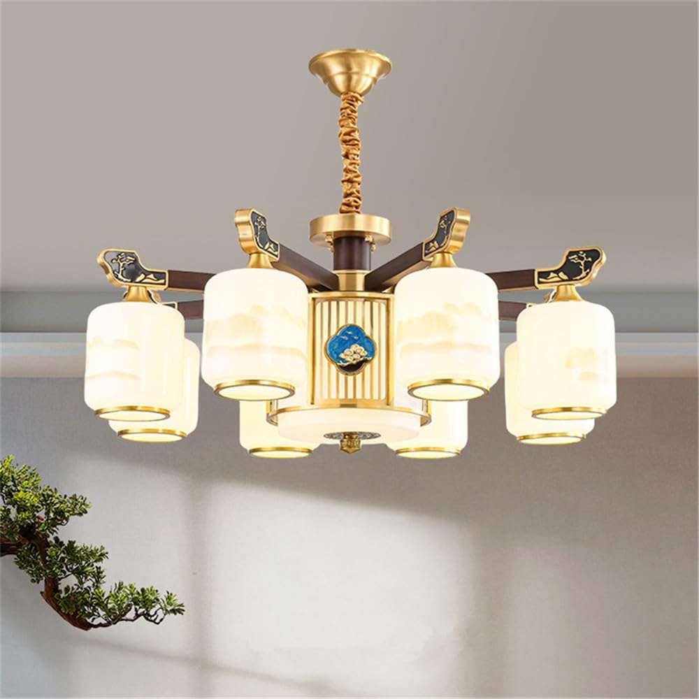SXECAEPS Contemporary Luxury Brass Chandelier LED Chinese Style Living Room Bedroom Dining Villa Hotel Tearoom Cafe Pendent Lights (B 8 Lights)