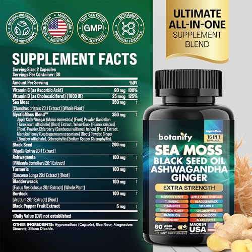 Sea Moss 7000mg, Black Seed Oil 4000mg, Ashwagandha 2000mg, Turmeric 2000mg, Bladderwrack 2000mg, Burdock 2000mg, Ginger, Vitamin C, Vitamin D3, Elderberry, Manuka, Dandelion, Yellow Dock - Image 3