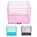 JAOSY Dog Puppy Cage Folding 2 Door Kennel Cat Dog Crates 76cm x 53cm x 60cm Medium Pet Cat Puppy Training Metal Crate Travel Box Black Pink Blue Vet Animal Transport Carrier with Plastic Tray (Pink)