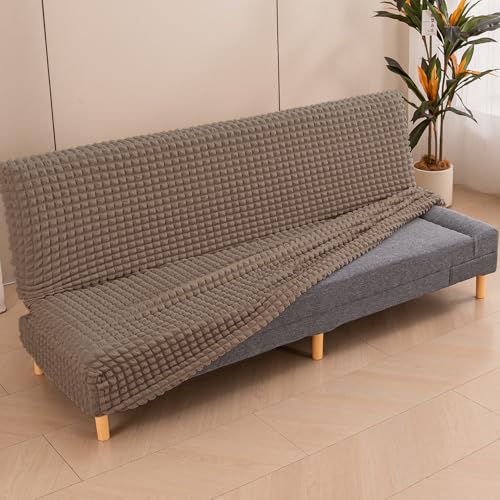Image of HOKIPO 280 GSM Armless Sofa Cover for Sofa Cum Bed, Stretchable Elastic Futon Slipcover - 'Aria Nova' Medium, Mocha Brown (AR-6702-BRN)