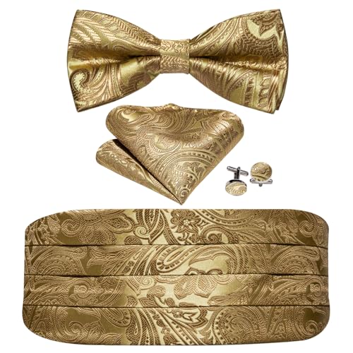 Image of YOHOWA Men Cummerbund Bow Tie Set Silk Paisley Formal Pre-Tied Bowtie Pocket Square Cufflinks Wedding Party Prom