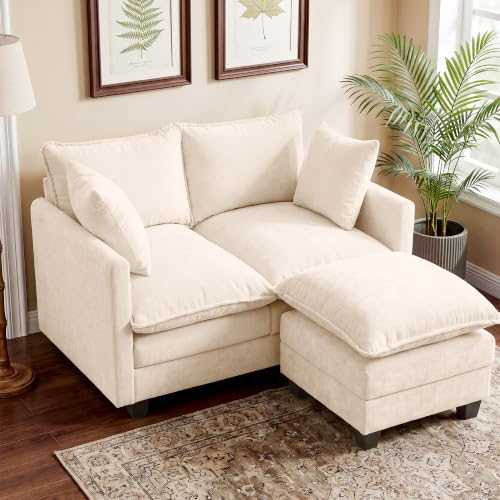 Image of 50 inch Loveseat Sofa with Ottoman, Cloud 2-Layer Cushion & 27 inch Deep Seat, Modern Love Seat Small Couch with 2 Washable Pillows for Small Spaces, Bedroom, Apartment, Office, Living Room, in a Box, Beige