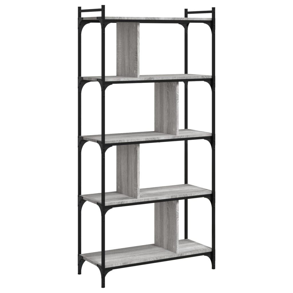 Estantería industrial de cinco niveles en gris Sonoma Librería de madera para libros y decoraciones, con tres estantes y trastero, estantería con estructura de metal y madera