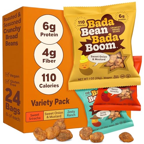 Image of Enlightened Bada Bean Bada Boom - Plant-Based Protein, Gluten Free, Vegan, Crunchy Roasted Broad (Fava) Bean Snacks, 100 Calories per Serving, Saucy Box, 1 Oz (Pack of 24) | 6g Plant-Based Protein, 4g Fiber, Gluten Free, 110 Calorie Portions, On-the-Go Snacking, Crunchy Broad Beans
