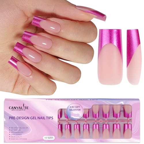 Canvalite Chrome French Tip Press on Nails - 150Pcs Pre-Colored Quick and Easy Long Square DIY Gel Nail Tips with Designs, Hot Pink
