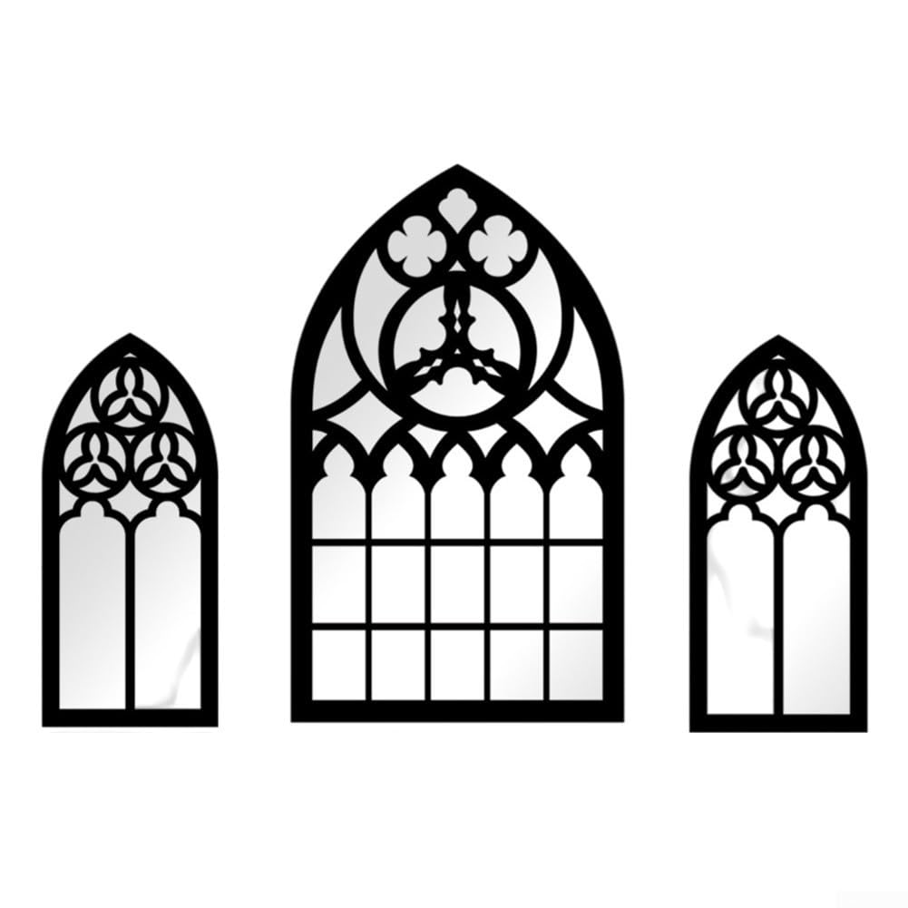 Espejo de ventana falso gótico, espejo de ventana falsa de madera, autoadhesivo, espejo de arco, espejo gótico, decoración de espejo montado en la pared (MZ486 B)