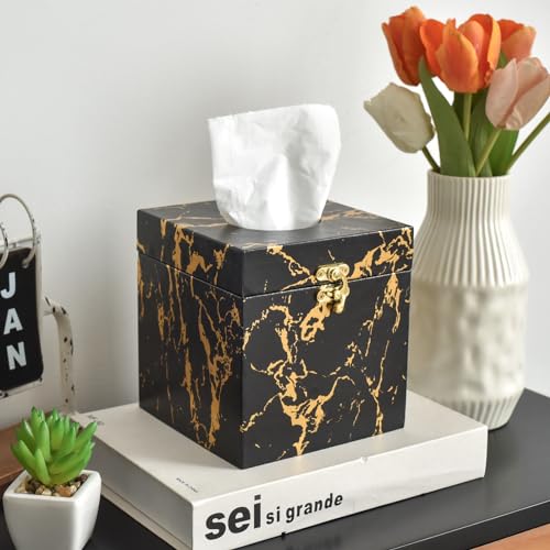 Black and Gold Marble Tissue Box Cover for Kleenex Box, Modern Elegant Tissue Box Holder with Lock for Bathroom, Bedroom, and Living Room, Square Shape Toilet Tissue Holder Organizer - Image 3