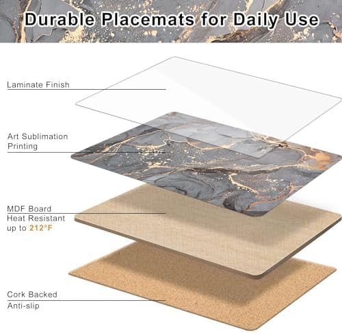 HAOCOO Placemats and Coasters Set of 4, Heat Resistant Waterproof Non-Slip Cork Placemats Table Mats for Dining Kitchen Indoor Outdoor, Easy to Clean Wipeable Place Mats 21.5 x 30cm (Fluid grey)