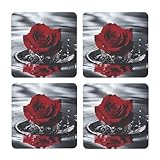 Juego de 4 posavasos cuadrados de corcho con diseño de flores de agua de rosas rojas, base de corcho antideslizante para bebidas frías y calientes
