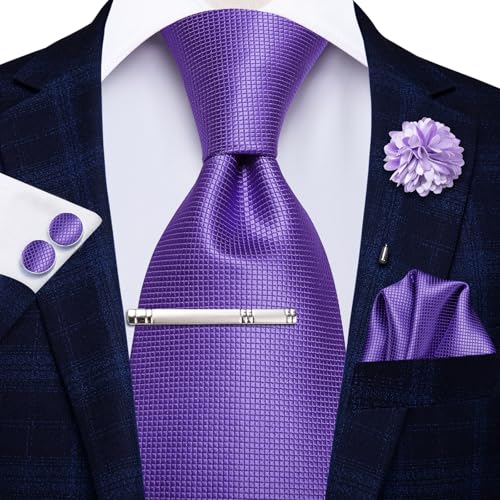 Image of Hi-Tie Solid Lavender Men's Silk Tie Classic Necktie and Pocket Square Lapel Pin Silver Tie Clip Cufflinks Set Wedding Business 6PCS