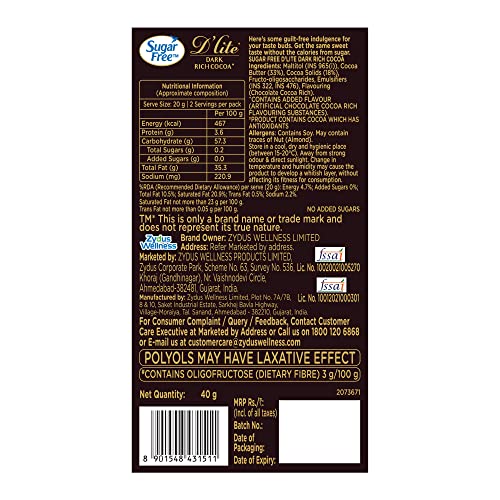 Image of Sugar Free D'Lite Rich Cocoa Dark Chocolate Bar, 40Gm (Pack of 6)