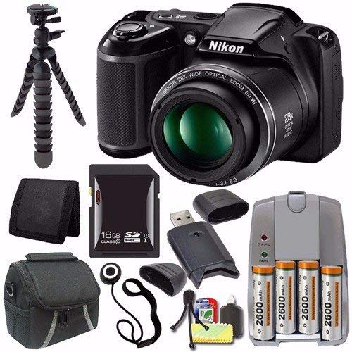 Nikon COOLPIX L340 Digital Camera (Black) - International Version (No Warranty) + 4 AA Pack NiMH Rechargeable Batteries and Charger + 16GB SDHC Card + Case Saver Bundle