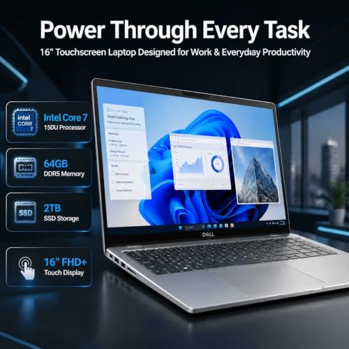 Image of Dell 16 DC16251 Touchscreen Laptop, Intel 10-Core Core 7 150U (Up to 5.4 GHz), 16 inch FHD+ IPS 300 Nits Display, 64 GB DDR5 RAM, 2 TB SSD, Copilot AI, Fingerprint, Backlit KB, Wi-Fi 6E, Windows 11 Pro