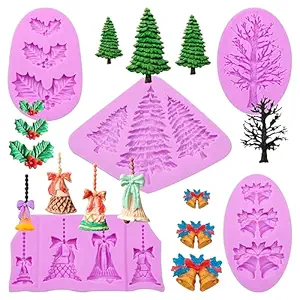 Pine Tree Silicone Mold, Christmas Bells Fondant Molds, Holly Leaves Chocolate Baking Mold for Christmas Theme Cake Decoration Cupcake Topper Candy Sugar Craft Gum Paste Clay Resin