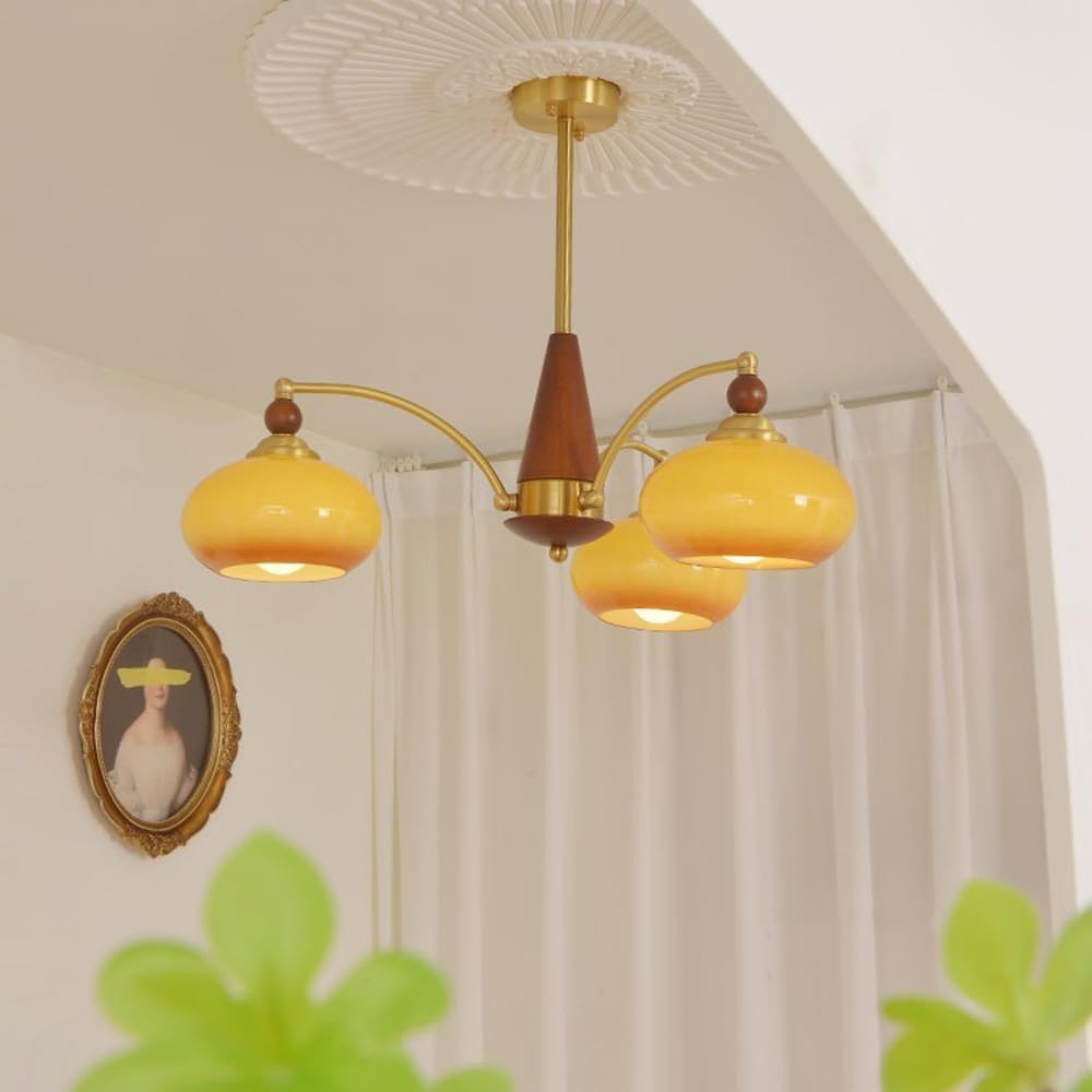 ZTCHSENZT Copper 5-Light Mid Century Modern Round Chandelier with Orange Milk Glass Shade Pendant Lamp Gold Hanging Ceiling Light, Wall Lamps, Milky White, zq-1103,Amber-3 lights