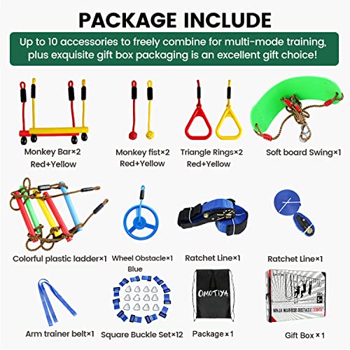 Omotiya Ninja Warrior Obstacle Course For Kids, 2 X 50Ft Slacklines For Backyard, 10 Accessories, Outside Playset Equipment Girls Boys, Swing, Ladder, Monkey Bars, Rings Plus Arm Trainer #TOP6