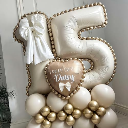 Image of Cream Number 15 Balloons,40 Inch 15 Balloons Giant Helium Foil Mylar Beige 15 Balloon Number for Birthday Party Anniversary Decorations