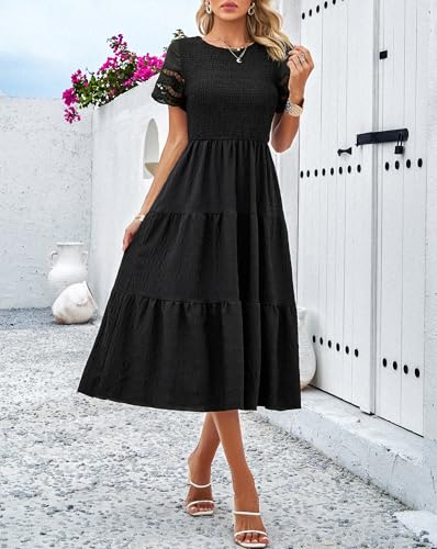 2025 Women’s Summer Midi Dresses Short Sleeve Smocked Tiered Dress Vacation Beach Wedding Guest Elegant Boho Sundress2
