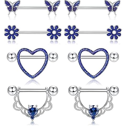 LOLIAS 4 Pairs 14G Nipple Rings for Women 316L Stainless Steel Heart CZ Flower Butterfly Barbell Nipplering Set Cute Nipple Body Piercing Jewelry Black Cover