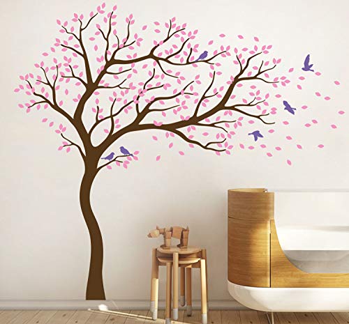 Tree Wall Decal Large Tree Wall Sticker Forest Mural Tree Blowing in The Wind Tree Wall Decals Wall Sticker Nursery Decals (Leaning Right, Brown, Soft Pink, Lavender)