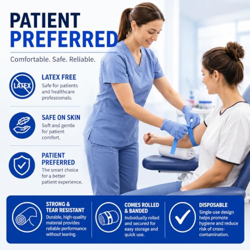 Image of Disposable Tourniquet Bands [Pack of] Blue Textured 1 inch x 18-Inch-Long Pre-Cut, Rolled and Banded - Single-Use Elastic Latex-Free First Aid Medical Tourniquets (50) | Single-Use Elastic Latex-Free Tear-Resistant First Aid Tourniquets for Emergency & Home Use - Nursing Supplies