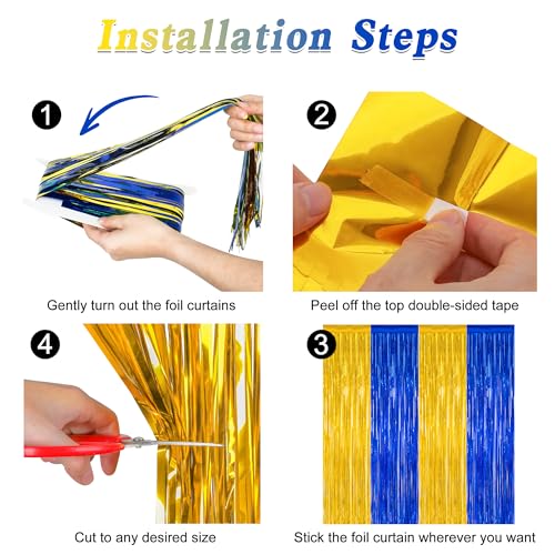 Image of ZATAYE 2 Pack Blue Gold New Years Eve Foil Curtain Streamer Decorations | Blue Gold, Metallic Foil, 3.28 x 7.05 FT, Tinsel Backdrop, Foil Curtain Streamer, New Years Eve Party