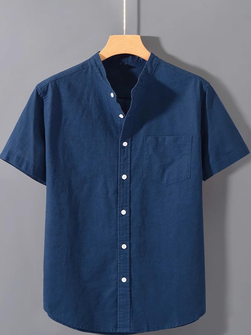 GUOYUXIAO Männer-Sommer-Chino-Stil-Linon-Kurzarmhemd mit Stehkragen.