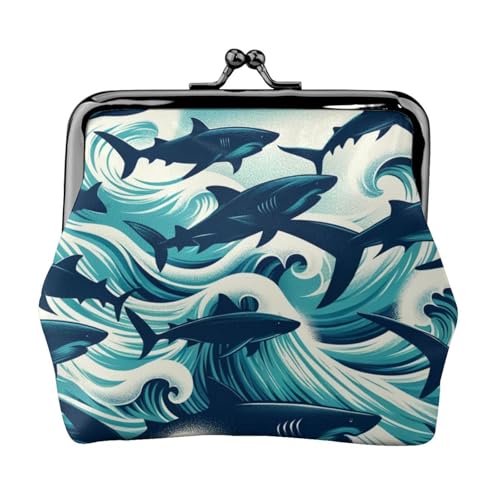 Pu Leather Buckle Coin Purse Sharks-Swim-Ocean-Waves Girls Kiss-Lock Change Purse Wallets