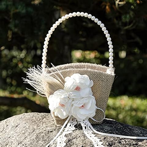 Peyan Wedding Flower Girl Basket, Rustic Burlap Flower Child Wedding Basket Romantic Wedding Flower Basket Ceremony Party Decor (White Flower) Cover