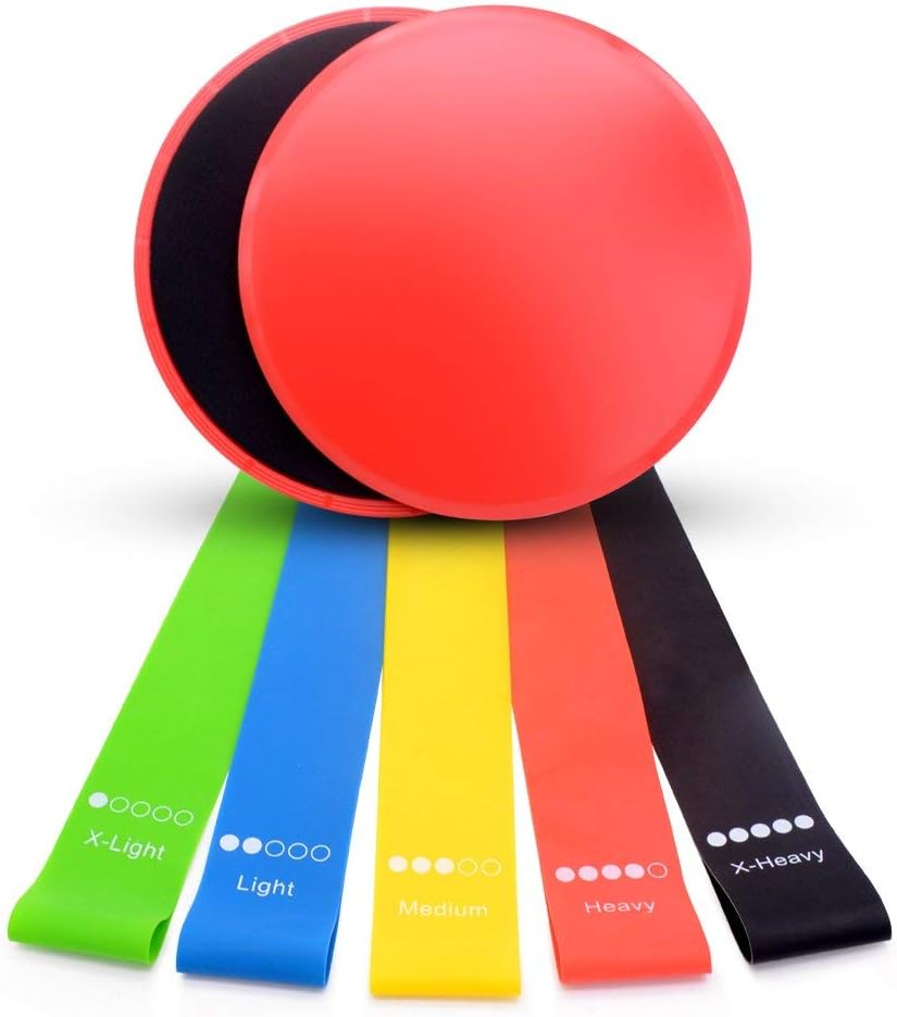 Resistance Loop Exercise Bands & Gliding Discs Core Sliders Set, Used for Stretching Physical Therapy, Dual Sided Abdominal Exercise Sliders. Low-Impact Body-Building Apparatus Exercises Tools (Red)
