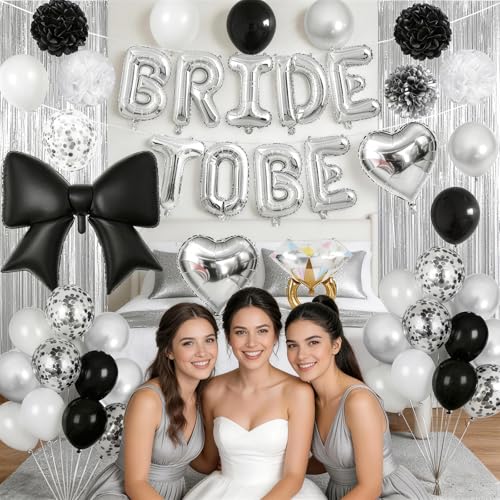 Image of Black Silver Bachelorette Party Decorations, Bride To Be Bridal Shower Kit