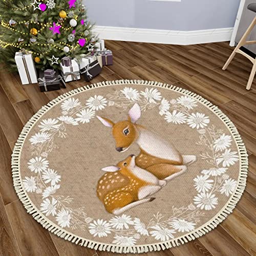 Round Boho Nursery Rug 4 ft Forest Animal Theme Cartoon Carpets Woodland Bedroom Decor Floral Deer Mom and Baby Area Rug Non Slip Circle Floor Mat for Boys Girls Room Playroom Classroom