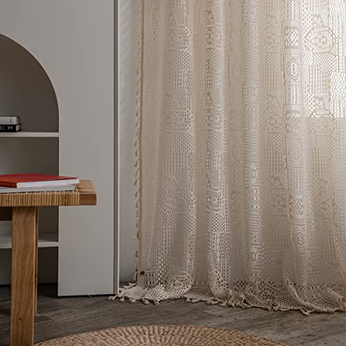Jooja 2 Panels Boho Windows Sheer Curtains Crochet Vintage Cotton Tassel Window Curtains Panels For Bedroom Living Room (Crochet Beige Boho Grid, 59X84) #TOP2