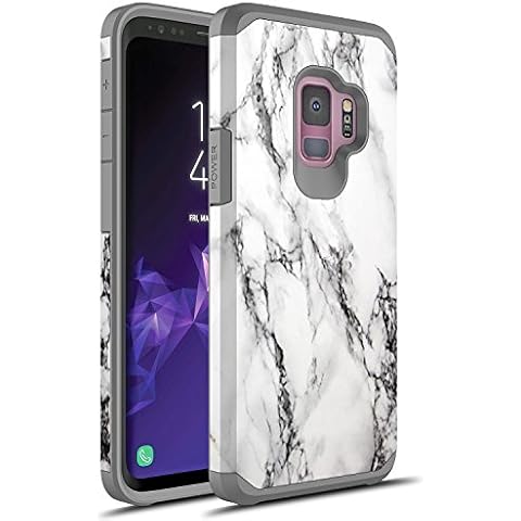 Rosebono Compatible With Samsung Galaxy S9 Case, Slim Hybrid Dual Layer Shockproof Hard Cover Graphic Fashion Cute Colorful Silicone Skin Cover Armor Case for Samsung Galaxy S9 (White Marble) Cover