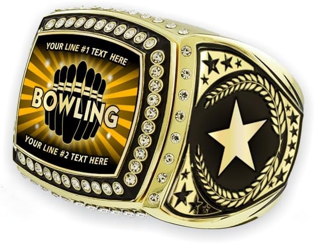 Bowling Champion Ring Trophy Award, Weighing Nearly 1 Pound! Measuring Almost 3 inches! Add Your Custom Text, Genuine Metal, Polished Gold Finish, Presentation Box Included.