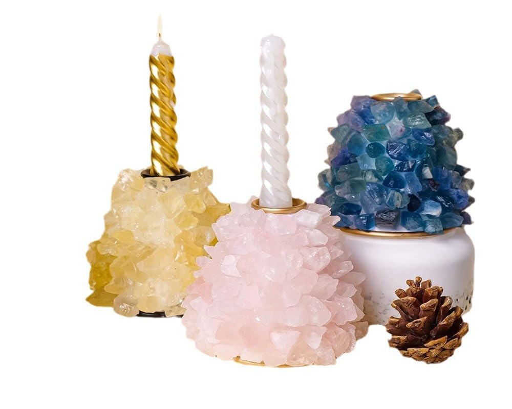Generic Natural Handmade Citrine/Gold Candle Holder Healing Crystal Reiki Gemstone Candlestick Holder Home Office Decor 400-500 Grams, 20240523