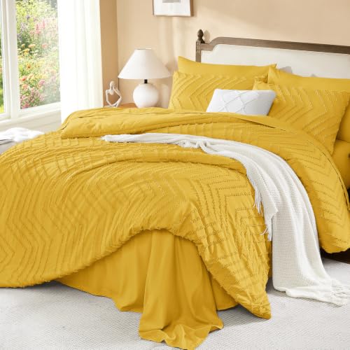 Image of Litanika California King Size Comforter Set with Sheets Mustard Yellow - 7 Pieces Bed in a Bag Cal King Chevron Tufted Complete Bedding Sets with Comforter, Sheets, Pillowcases & Shams