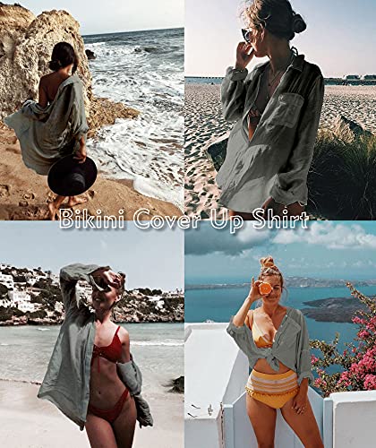 Image of Zoye Chen Women's Bikini Swimsuit Cover Up Button Down V Neck Shirts Long Sleeve Blouse Beachwear Bathing Suit