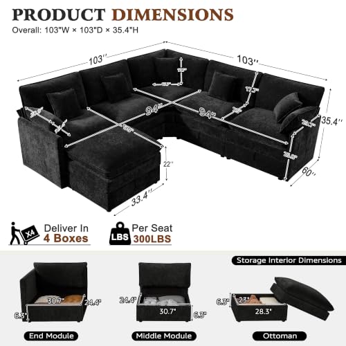 Image of Ihanherry Oversized Modular Sectional Sofa with Storag, 6-Seater V Shaped Cloud Couch with Movable Ottomans, Chenille Deep Seat Corner Couches for Living Room (Black)
