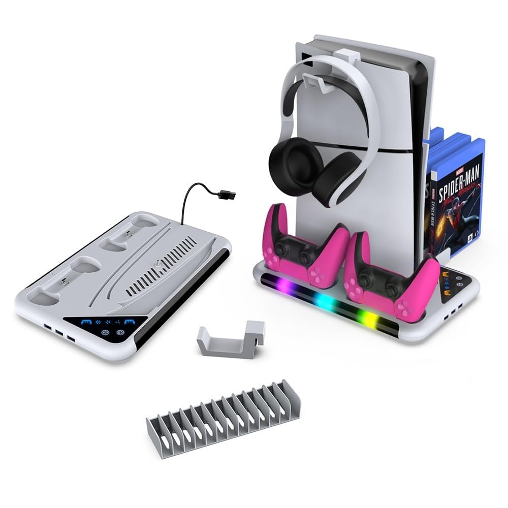 PSS PS5 Slim Stand with Cooling Fan Station and Dual Controller Charging Station for PS5/PS5 Slim Console Disc/Digital, Compatible for Playsation 5 Accessories, 6 RGB Light, Headset Holder, Game Slot (B0CXTC24G7) Amazon Price History, Amazon Price Tracker