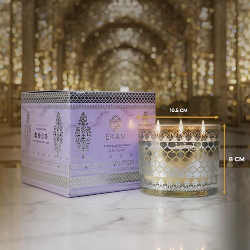 Image of EKAM 2025-26 Festive Fragrance Gift| Scented 3 Wick Candle| Mahogany | Inspired by Sheesh Mahal | 28-Hour Burn | Essential Oil Infused | Gift Box for Diwali & Celebrations