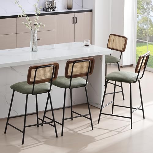Image of Bar Stools Set of 8, 26 inch Modern Rattan Counter Height Bar Stools with Metal Legs, Upholstered Faux Leather Barstools with Cane Backrest for Kitchen Home Bar Restaurant, Green