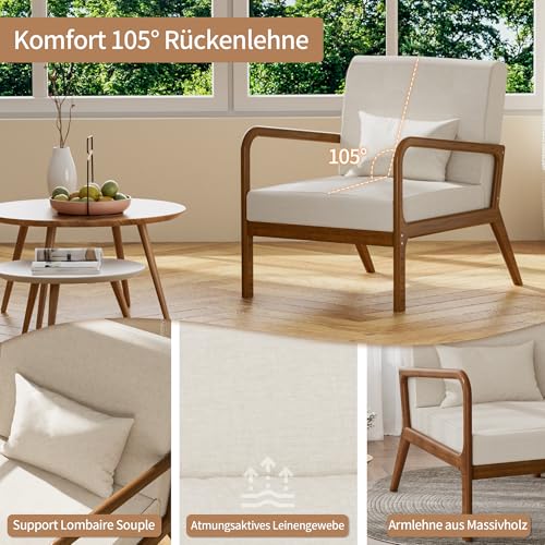 FiveWillowise Gepolsterter Sessel mit Armlehnen, Loungesessel mit Massivholzrahmen Relaxsessel für Wohnzimmer Schlafzimmer, Stoff Lehnsessel mit Lendenkissen, Ohrensessel, Polsterstuhl, Beige