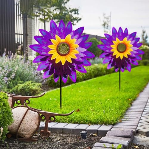 Lot de 2 moulins à vent en forme de fleur, tournesol, sculptures à vent rotatives à 360 °, 75 cm, carillons de jardin comme décoration pour cour, pelouse...