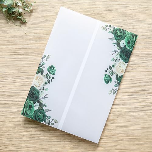 PONATIA 50PCS Vellum Jackets for 5x7 Invitation Cards | 135GSM Emeald Green Flowers Vellum Sleeves, 5x7 Clear Jackets Wedding Invitations Wraps - Transparent Christmas Gift Cards