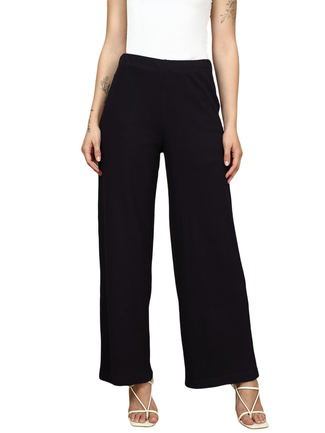 Women's Palazzo Pants with Pockets, Wide Leg, Ribbed Pattern, Elastic Waistband | Solid Mid Rise Ribbed Palazzo-image-47
