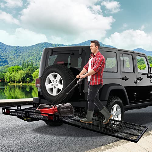 Carsty 48.8" X 27.8" Trailer Hitch Cargo Carrier 500Lbs Utility Basket With 42" Folding Wheelchair Ramp For Wheelchair Scooter Lawn Mower Snow Blower Hauler, Fits 2'' Trailer Mounted Hitches, Black #TOP5