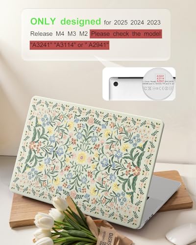 Image of iCasso for MacBook Air 15 inch Case 2026 2025-2023 Release M5 A3448 M4 A3241 M3 A3114 M2 A2941, Slim Vintage Pattern Hard Shell Case for Mac Air 15.3 inch, Keyboard Cover + Screen Flim-Green Floral